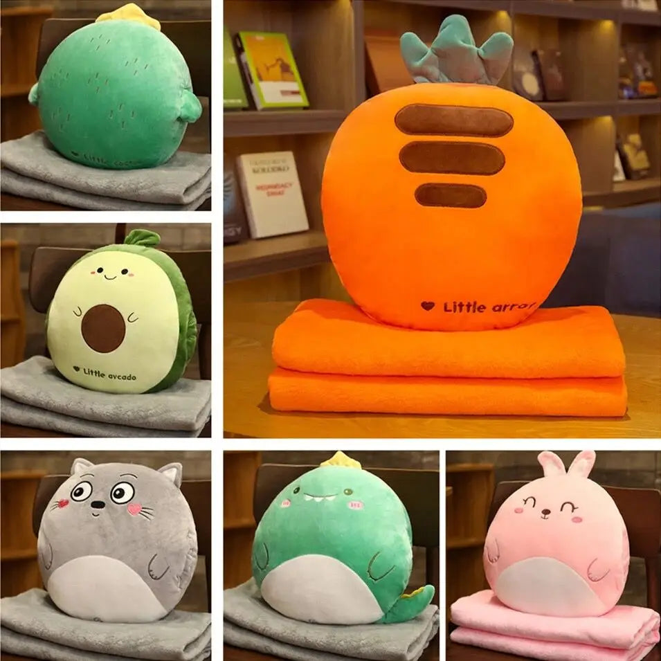 Cartoon Animal Pillow Blanket 3 In1 Stuffed Hand Warmer Bag Cute Cushion Blanket Home Car Travel pillow for children Girl Gift