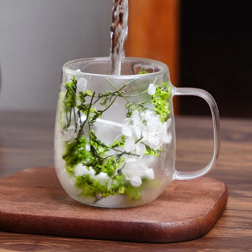 Green Double-Wall Glass Cup with Real Dried Flowers