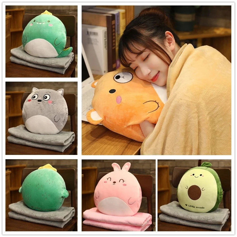 Cartoon Animal Pillow Blanket 3 In1 Stuffed Hand Warmer Bag Cute Cushion Blanket Home Car Travel pillow for children Girl Gift